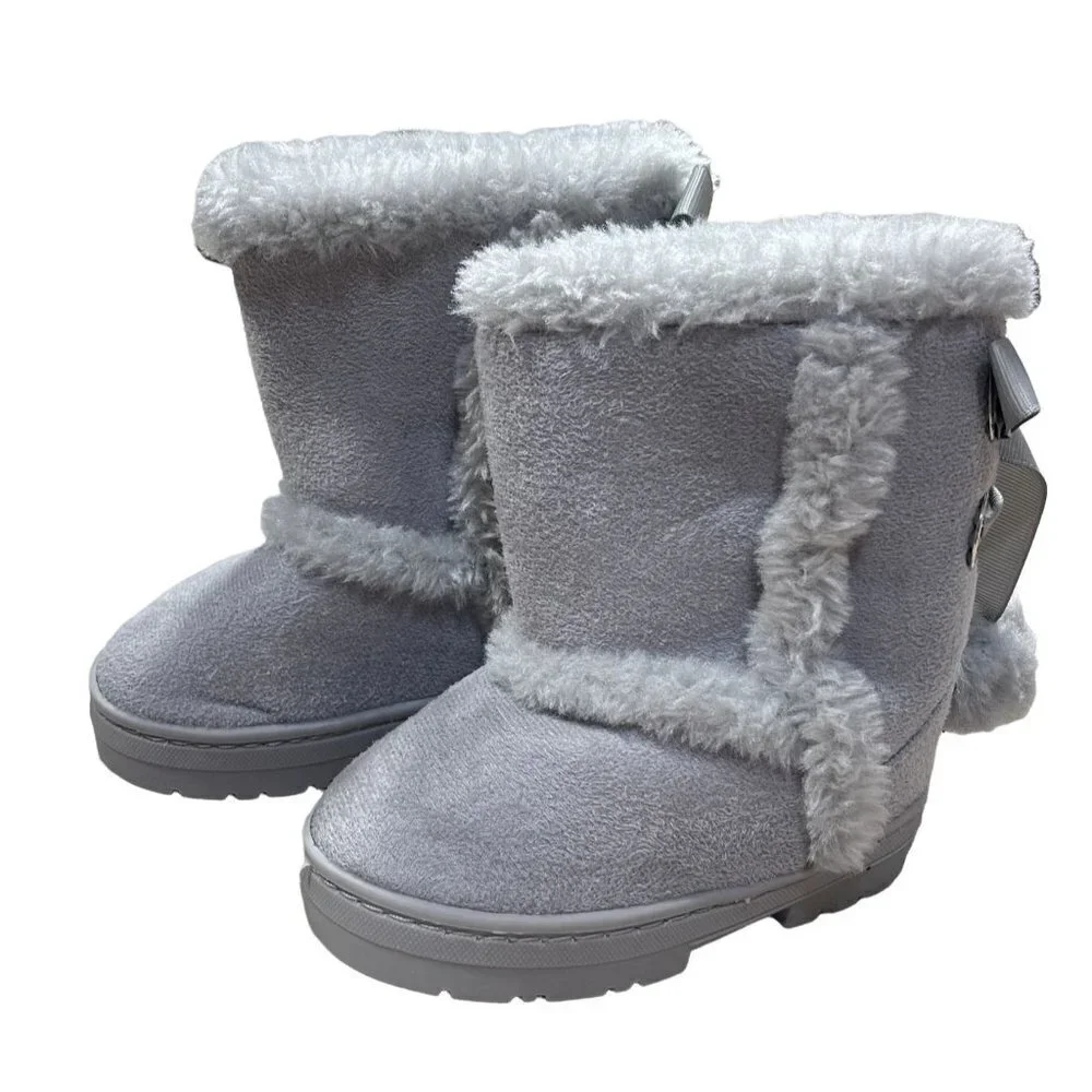 Bebe Girls Toddler Grey Suede Ribbon Pom Pom Snow Boots Grey Size 5